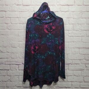 LIVI Dark Floral Tunic Hoodie Womens 18/20 Pullover Lightweight Stretchy‎ *READ